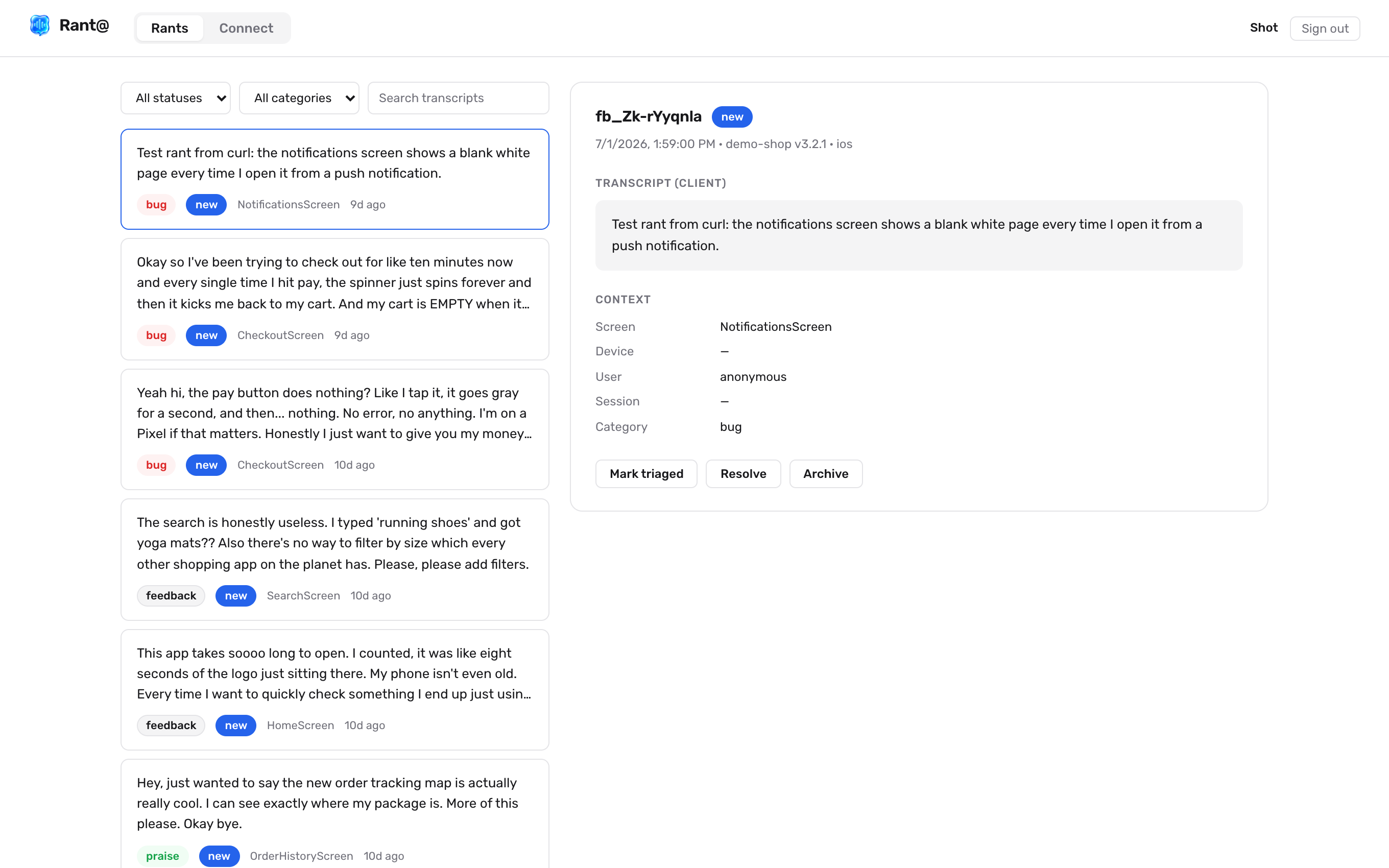 The RantAt dashboard: a list of transcribed rants with status filters, and a detail panel with the recording and device context